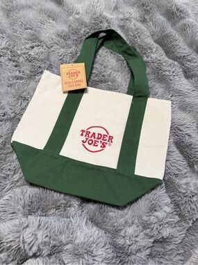 Cream and Dark Green Mini Canvas Tote Bag